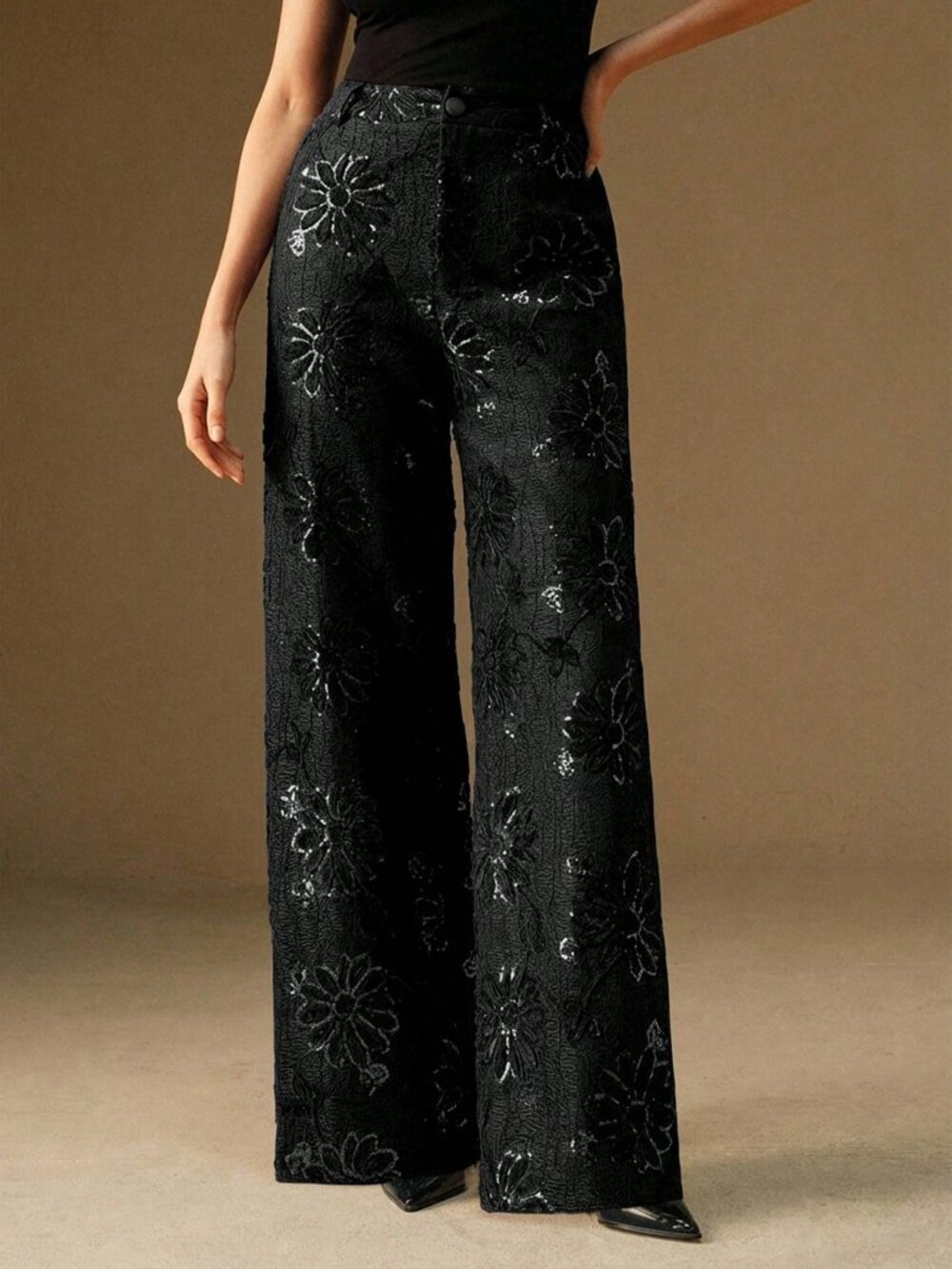 Black Party Women's Elegant Floral Straight-Leg Pants